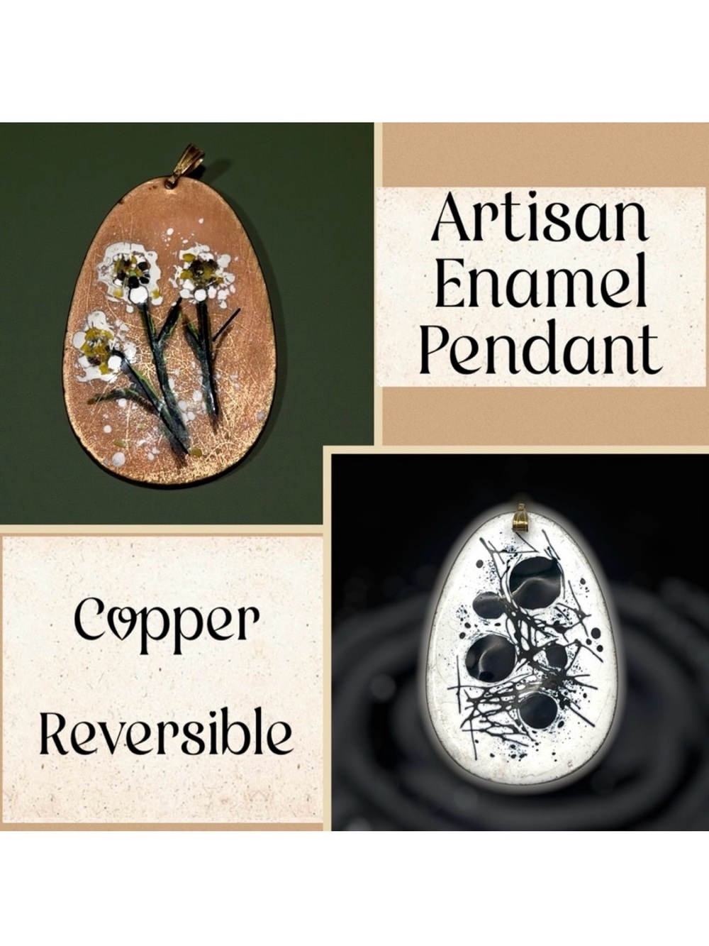 Vtg Artisan Reversible Enamel on Copper Pendant Floral and Abstract Egg Shape